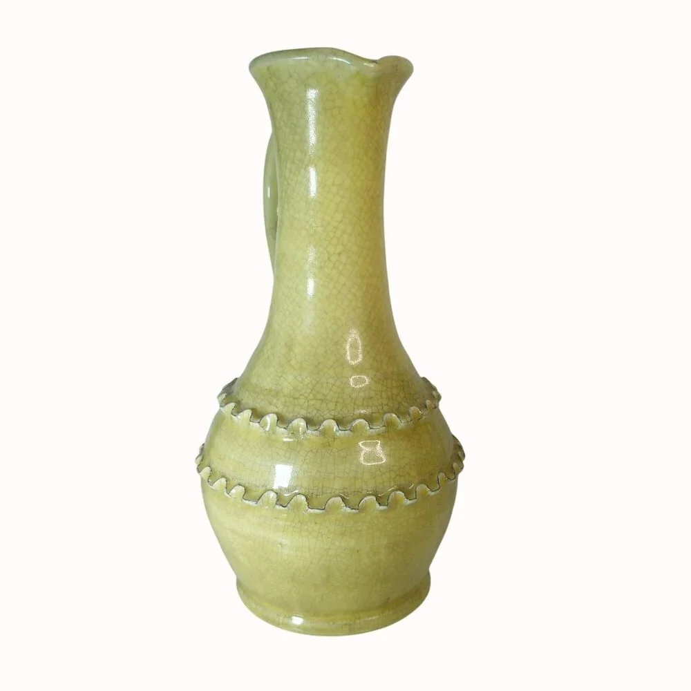 Vintage Raku Crackle Glaze Yellow Pitcher Vase Ruffle Border Studio Earthenware